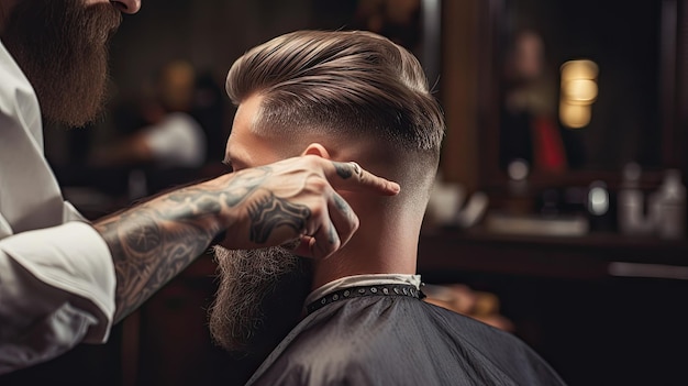 Un joven barbudo recibiendo servicio de corte de pelo mientras está sentado en una silla en la barbería