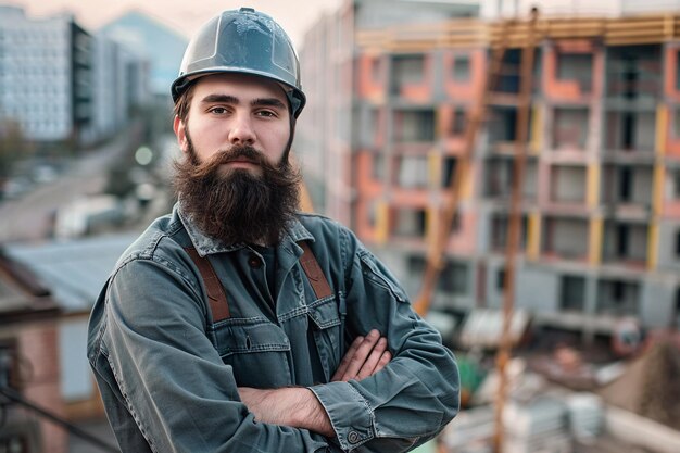 joven barbudo en uniforme de constructor posando sobre la construcción