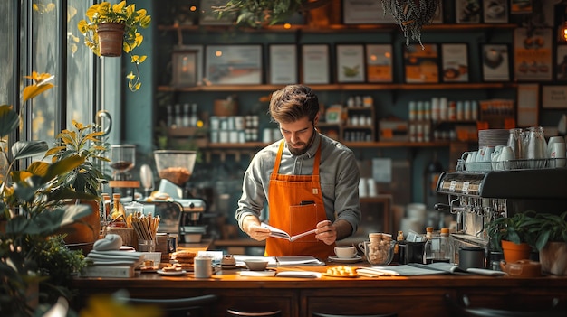 Un joven barista amable y hábil que crea arte latte en una acogedora cafetería