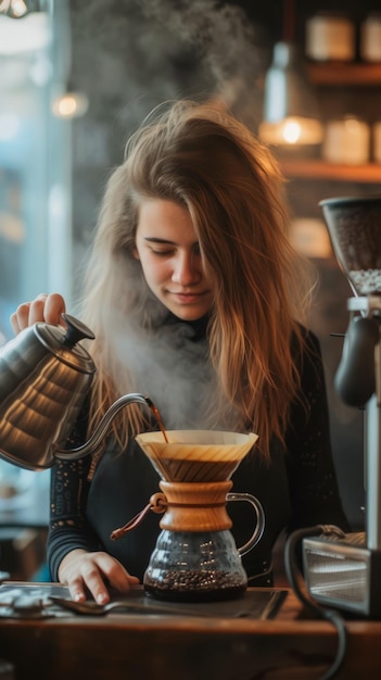 Una joven barista enfocada haciendo café en una cafetería