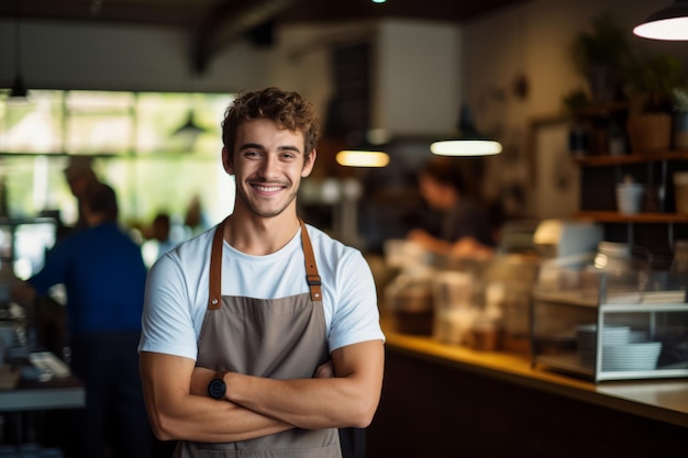 Joven barista feliz de pie en el mostrador de la cafetería