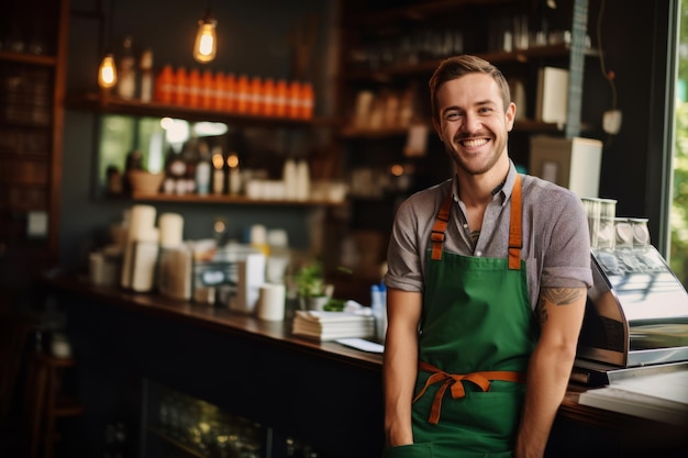 Joven barista feliz de pie en el mostrador de la cafetería