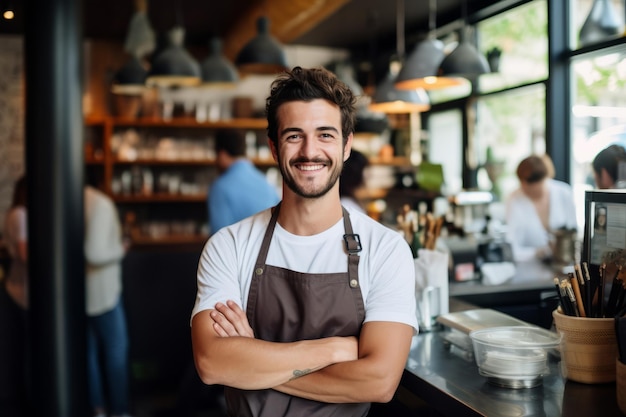 Joven barista feliz de pie en el mostrador de la cafetería