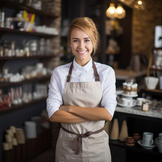 joven barista de pie detrás de la barra en una cafetería sonriendo