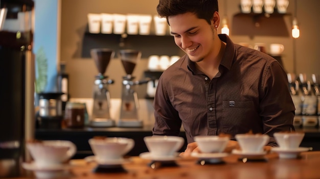 Foto joven barista sonriendo mientras mira las tazas de café en una cafetería
