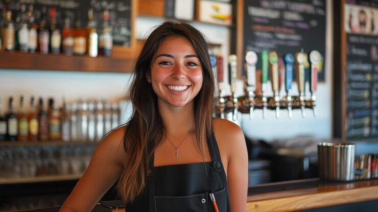 Una joven barmana sonriente en un bar de un restaurante