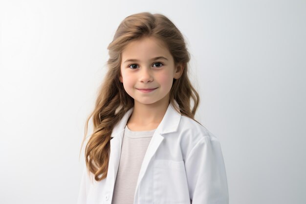 Una joven con una bata de laboratorio posando para una foto.