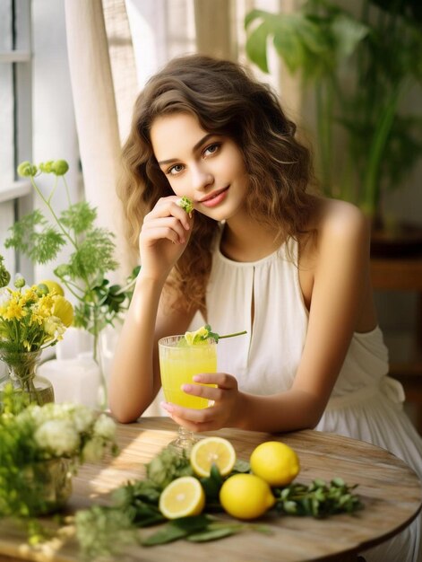 Foto joven bebe limonada mientras está sentada en una silla cerca de la mesa con muchos ingredientes de alimentos frescos en