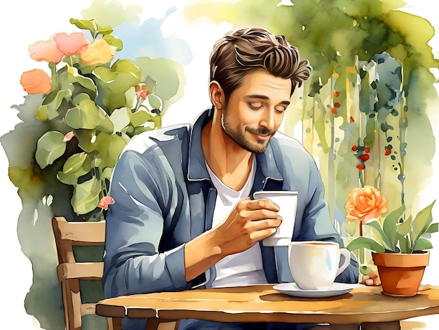 Un joven bebiendo café pintura de ilustración