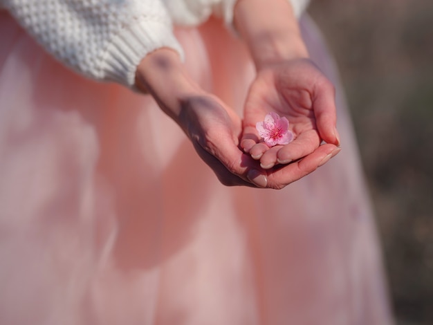 Una joven y bella mujer cerca de un árbol de cerezos en flor de primavera en flor. La idea y el concepto de renovación, autocuidado, salud y felicidad, manos de cerca