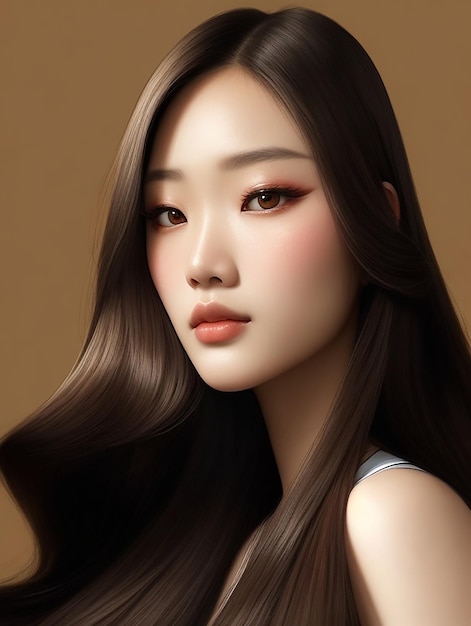 Una joven belleza asiática con el pelo largo y brillante que lleva un maquillaje de estilo coreano