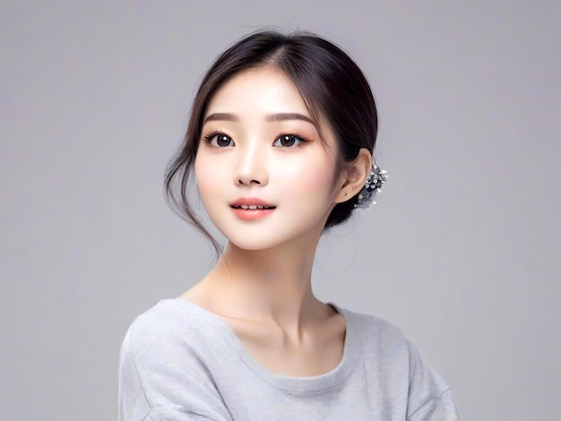 Una joven belleza asiática tira el cabello hacia atrás con estilo de maquillaje coreano en la cara AI_Generated