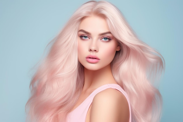 Joven belleza mujer rubia de cabello largo con estilo de maquillaje en la cara y piel perfecta limpia