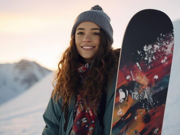 Foto una joven belleza sosteniendo una tabla de snowboard un retrato de una mujer sosteniendo una tabla de snowboard en una montaña nevada