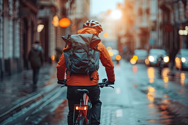 Un joven en una bicicleta se dedica a la entrega de comida El trabajo del servicio de entrega