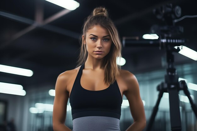 Una joven bloguera tomando fotos de fitness en casa