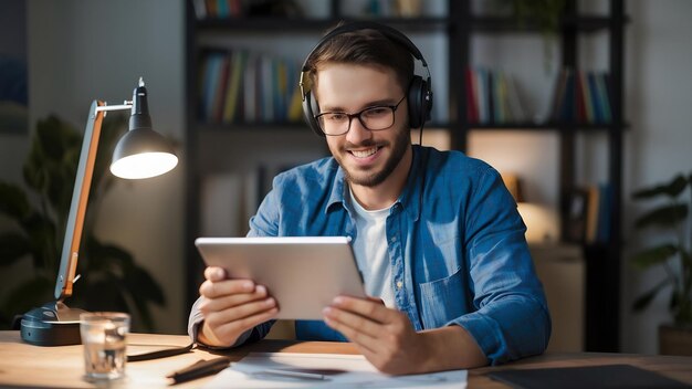 Joven bloguero caucásico con cámara profesional grabando video de revisión de la tableta en casa