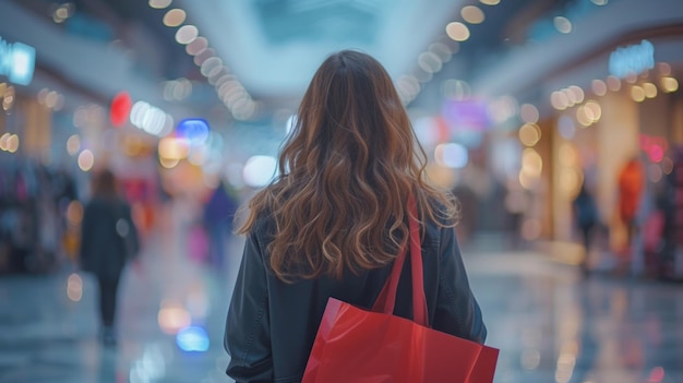 Una joven con una bolsa de compras roja camina a través de un centro comercial