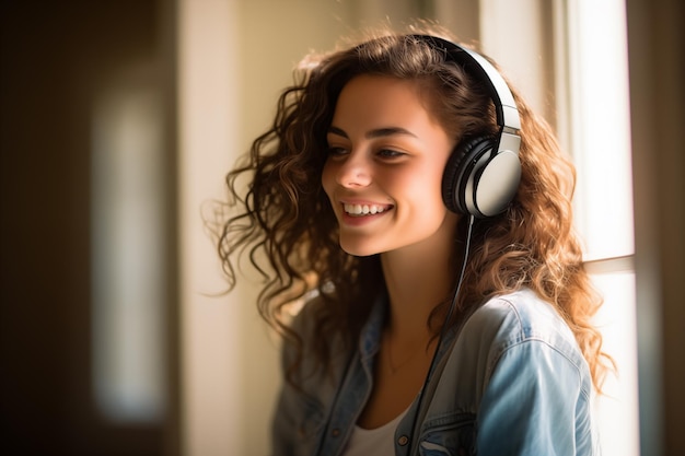 Joven y bonita chica morena en el interior escuchando música con auriculares