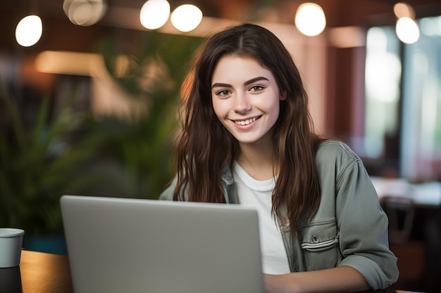 Joven y bonita chica morena en el interior trabajando con una computadora portátil