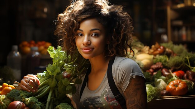 Una joven bonita comprando verduras en el mercado.