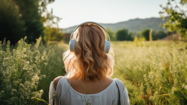 Una joven bonita disfrutando de la música con auriculares al aire libre y divirtiéndose en medio de la naturaleza