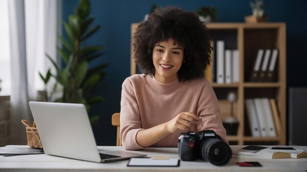 Foto joven y bonita fotógrafa procesando imágenes en su portátil mirando la cámara en casa