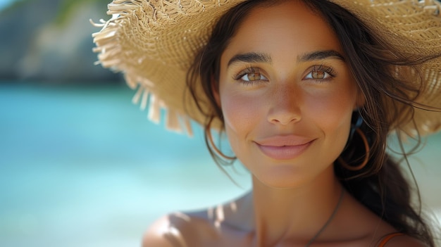 Joven y bonita latina con sombrero de paja disfrutando de la brisa del mar en vacaciones de sombrero blanco y sonriendo a la cámara dama atractiva disfrutando la brisa de la mar en vacaciones con sombreiro de paja blanco