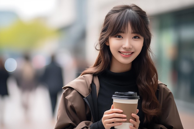 Una joven y bonita mujer china al aire libre sosteniendo un café para llevar