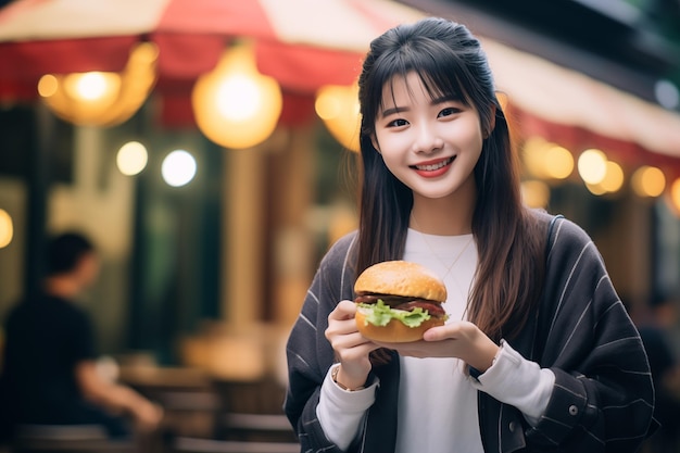 Joven y bonita mujer china al aire libre sosteniendo una hamburguesa