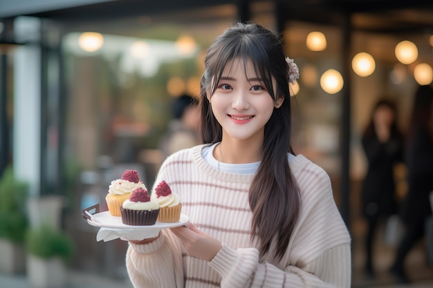 Joven y bonita mujer china al aire libre sosteniendo pastel de muffins
