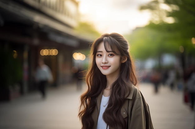 Joven y bonita mujer china al aire libre