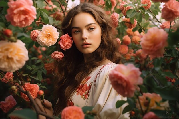 Joven y bonita mujer en el jardín en flor