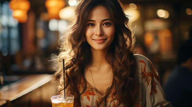 Una joven bonita tomando café en la cafetería.