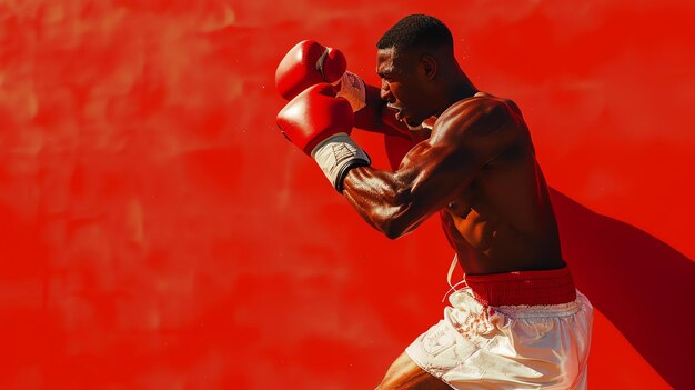 Foto joven boxeador afroamericano musculoso entrenando frente a un fondo rojo lleva guantes de boxeo rojos y pantalones cortos blancos