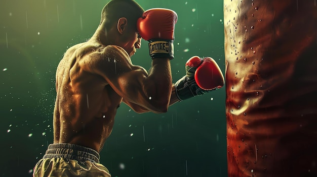 Joven boxeador musculoso entrenando con un saco de boxeo Él está usando guantes de boxeo rojos y pantalones cortos blancos El fondo es oscuro y verde