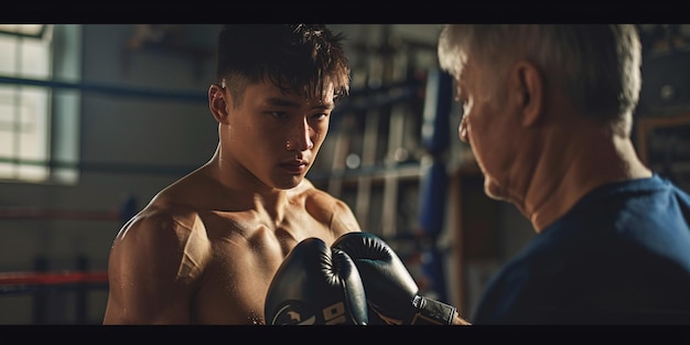 Un joven boxeador que se prepara para el entrenamiento con un entrenador que lo ayuda a ponerse los guantes de boxeo Idea de la vida atlética y los deportes de combate