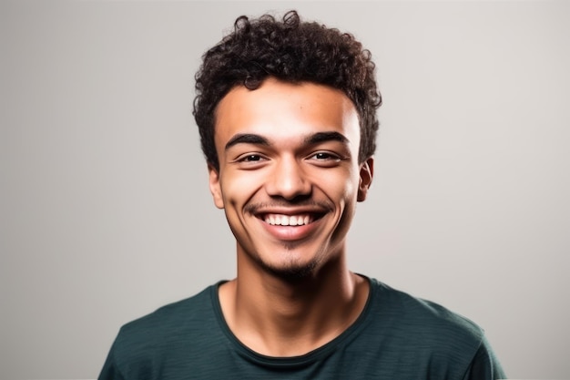 Joven brasileño aislado de fondo blanco mirando hacia un lado y sonriendo