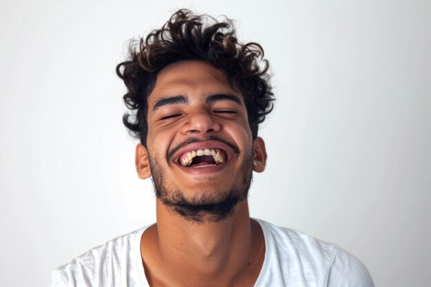 Un joven brasileño aislado en un fondo blanco riendo