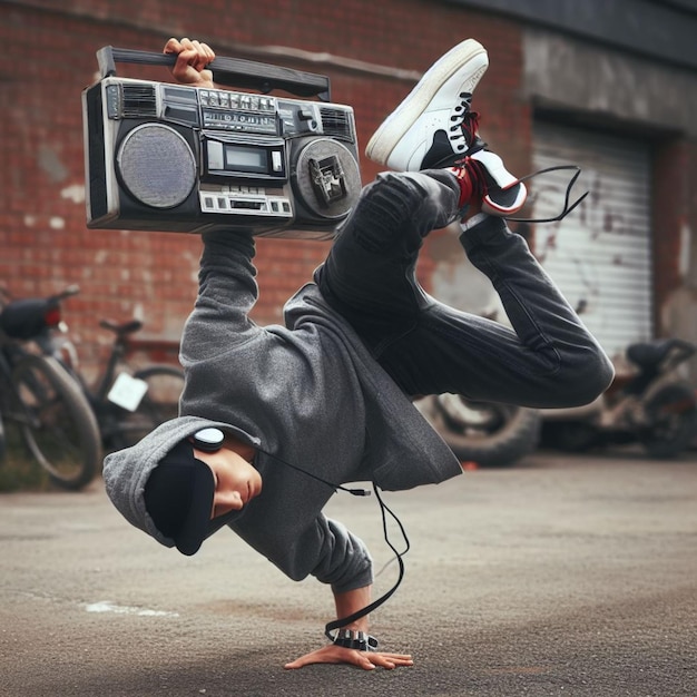 Foto joven break dance cerca de un ghetto blaster en la calle del barrio al atardecer