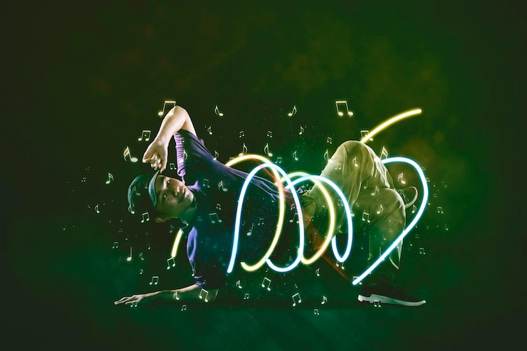 Foto joven break dance con efecto de luz