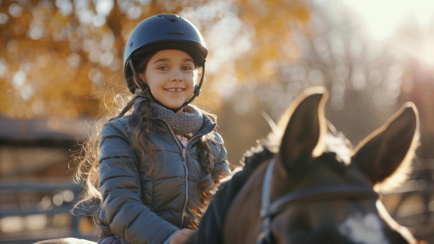 Una joven brilla de alegría a caballo en medio de un telón de fondo dorado de otoño