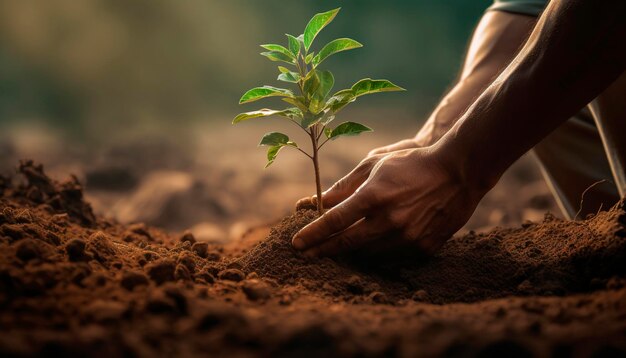 Joven brote en manos masculinas sosteniendo oscuro día de la tierra ecología deja el suelo de la agricultura