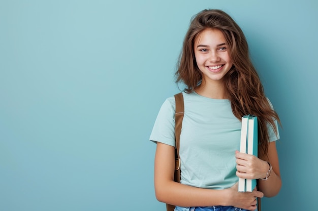 Foto joven bruneta sonriente con una camiseta azul con libros en la mano