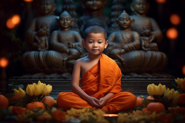 Un joven buda se sienta en el jardín con un loto y velas Fondo para la celebración del festival vesak