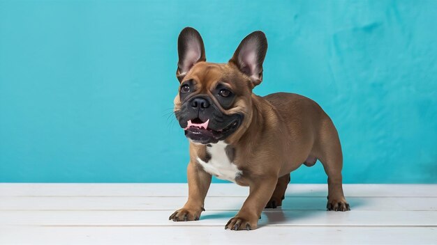 Joven bulldog francés marrón jugando aislado en la pared blanca del estudio