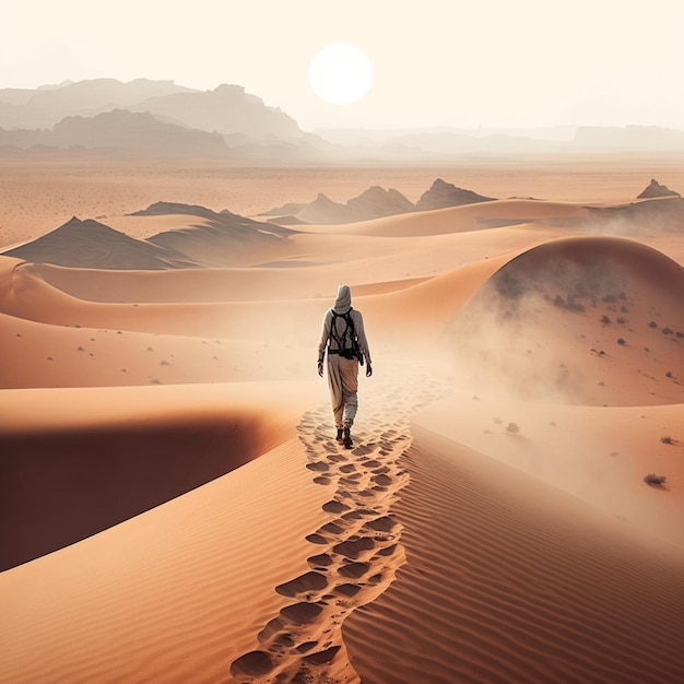 Un joven caballero caminando por el desierto AI