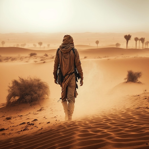 Un joven caballero caminando por el desierto AI