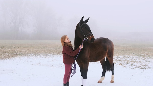 Una joven y un caballo se paran y miran en la distancia en la niebla