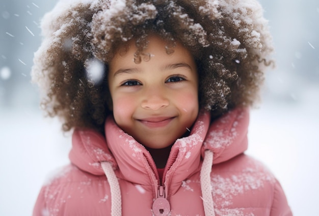 joven con cabello afro sonriendo de pie en las montañas de nieve